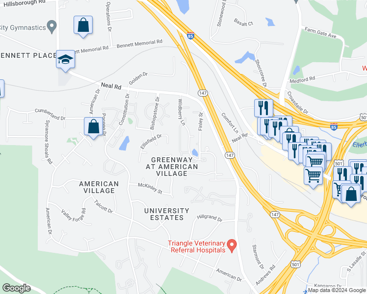 map of restaurants, bars, coffee shops, grocery stores, and more near 27 Prestwick Place in Durham