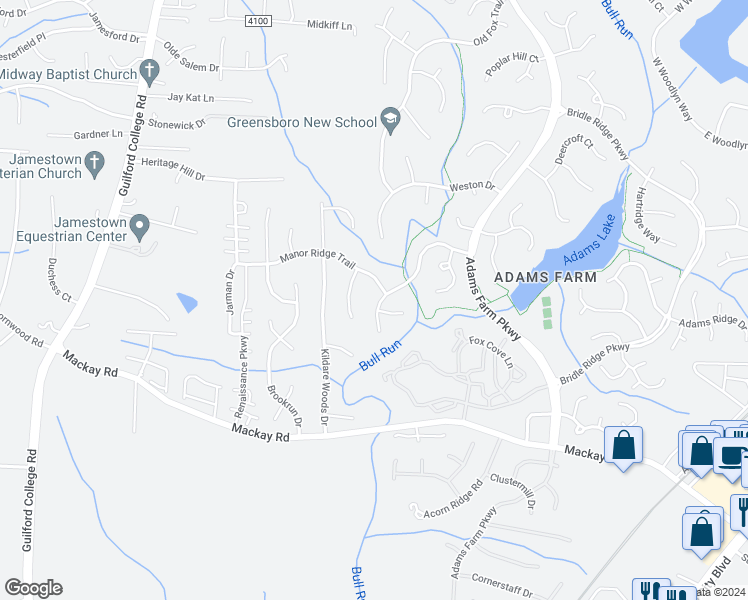 map of restaurants, bars, coffee shops, grocery stores, and more near 5702 Watercrest Drive in Greensboro