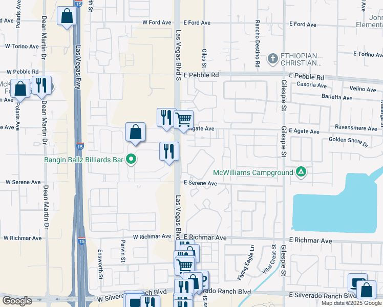 map of restaurants, bars, coffee shops, grocery stores, and more near 38 East Serene Avenue in Las Vegas