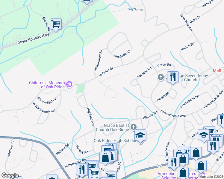 map of restaurants, bars, coffee shops, grocery stores, and more near 241 Waddell Circle in Oak Ridge