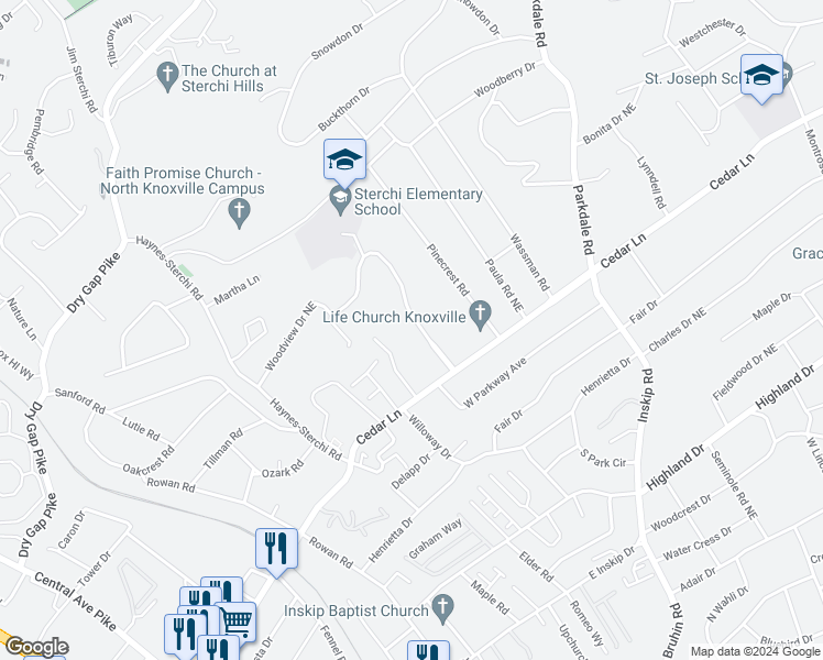 map of restaurants, bars, coffee shops, grocery stores, and more near 5321 Cedar Heights Road Northeast in Knoxville