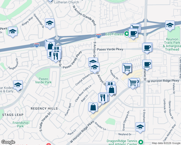 map of restaurants, bars, coffee shops, grocery stores, and more near 240 Jumping Springs Place in Henderson