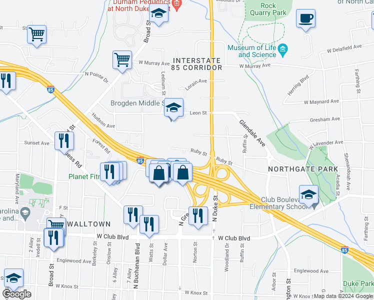 map of restaurants, bars, coffee shops, grocery stores, and more near 996 Ruby Street in Durham