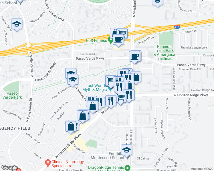 map of restaurants, bars, coffee shops, grocery stores, and more near 125 Morning Drive in Henderson