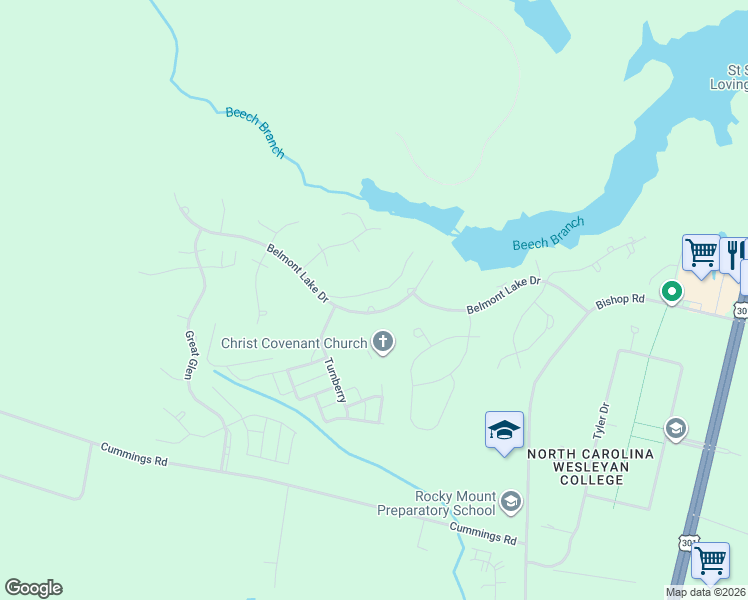 map of restaurants, bars, coffee shops, grocery stores, and more near 3095 Belmont Lake Drive in Rocky Mount
