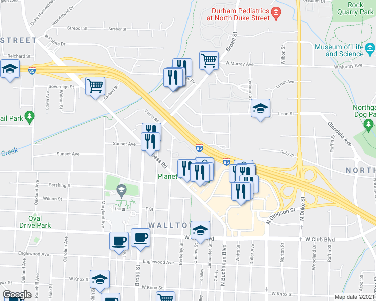 map of restaurants, bars, coffee shops, grocery stores, and more near 1604 Sedgefield Street in Durham