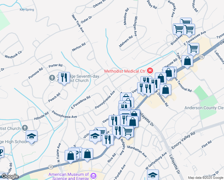 map of restaurants, bars, coffee shops, grocery stores, and more near 101 Pacific Road in Oak Ridge