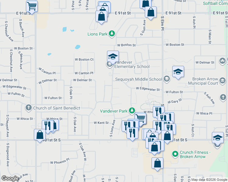 map of restaurants, bars, coffee shops, grocery stores, and more near 2628 South Lions Avenue in Broken Arrow