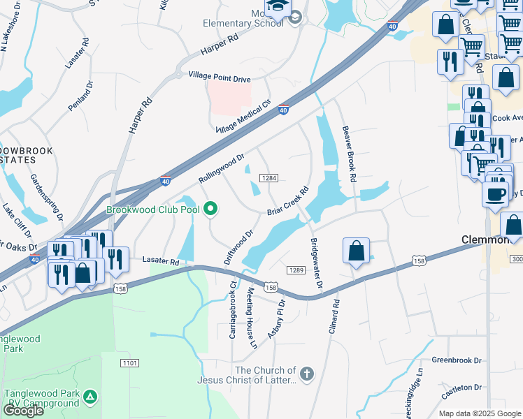 map of restaurants, bars, coffee shops, grocery stores, and more near 4401 Driftwood Drive in Clemmons