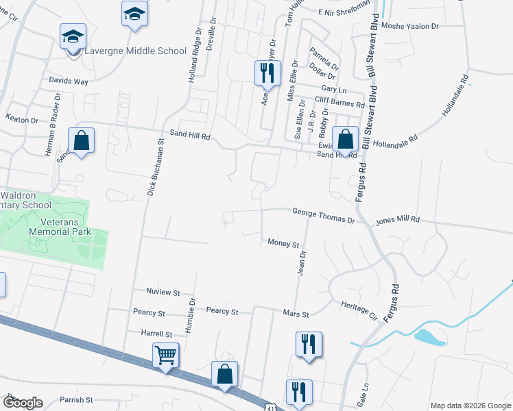 map of restaurants, bars, coffee shops, grocery stores, and more near 601 Minerva Drive in La Vergne