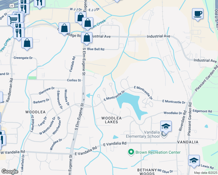 map of restaurants, bars, coffee shops, grocery stores, and more near 311 East Montcastle Drive in Greensboro