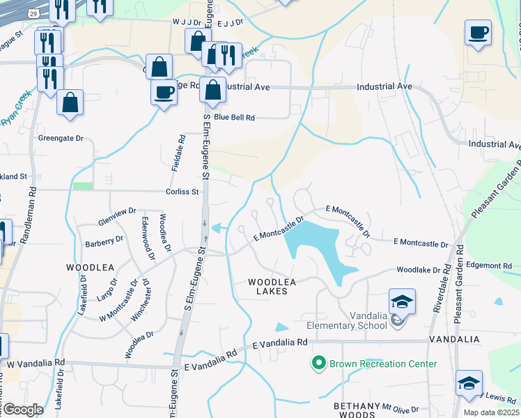 map of restaurants, bars, coffee shops, grocery stores, and more near 317 East Montcastle Drive in Greensboro
