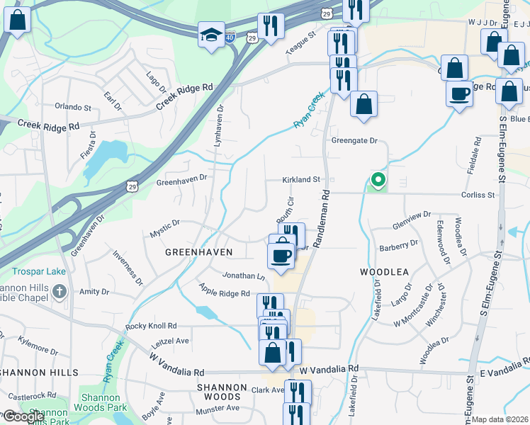 map of restaurants, bars, coffee shops, grocery stores, and more near 421 Routh Circle in Greensboro