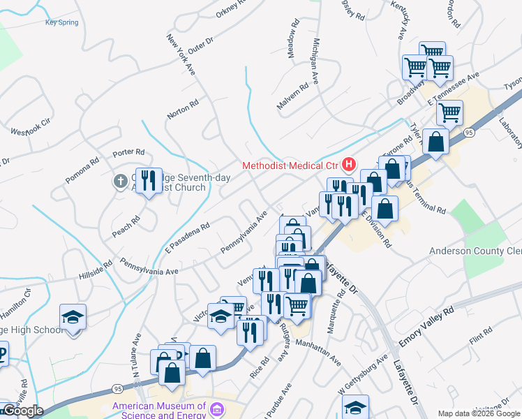 map of restaurants, bars, coffee shops, grocery stores, and more near 101 Pacific Road in Oak Ridge