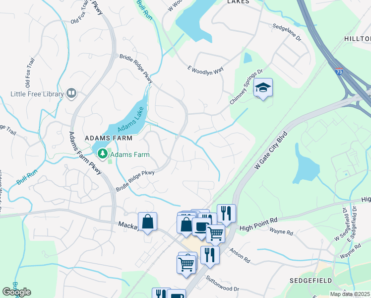 map of restaurants, bars, coffee shops, grocery stores, and more near 3 Creekstone Court in Greensboro