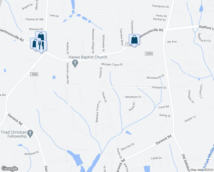 map of restaurants, bars, coffee shops, grocery stores, and more near 1977 Paragon Drive in Winston-Salem