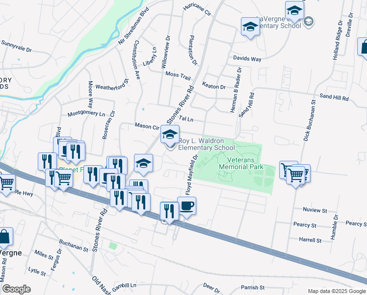 map of restaurants, bars, coffee shops, grocery stores, and more near 125 Floyd Mayfield Drive in La Vergne