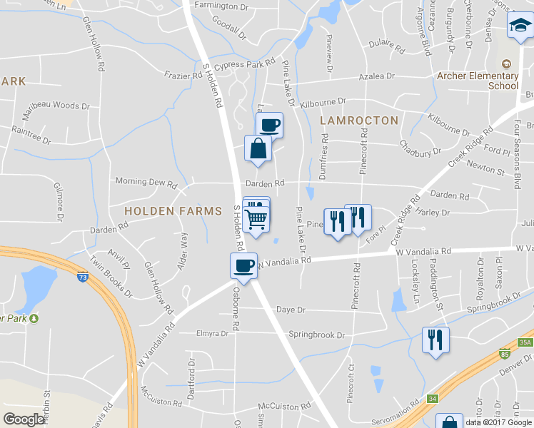 map of restaurants, bars, coffee shops, grocery stores, and more near 2819 Alert Court in Greensboro