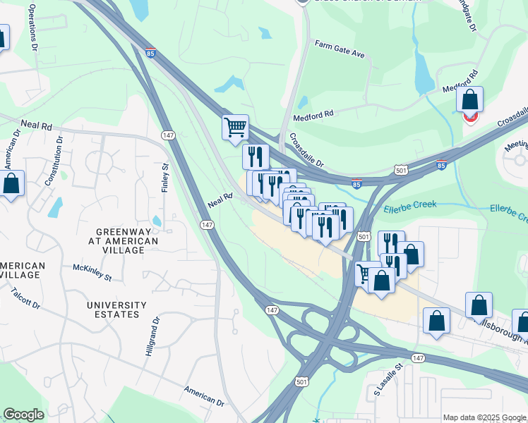 map of restaurants, bars, coffee shops, grocery stores, and more near 3663 Hillsborough Road in Durham