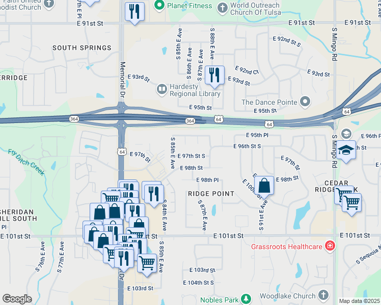 map of restaurants, bars, coffee shops, grocery stores, and more near 8534 East 97th Street in Tulsa