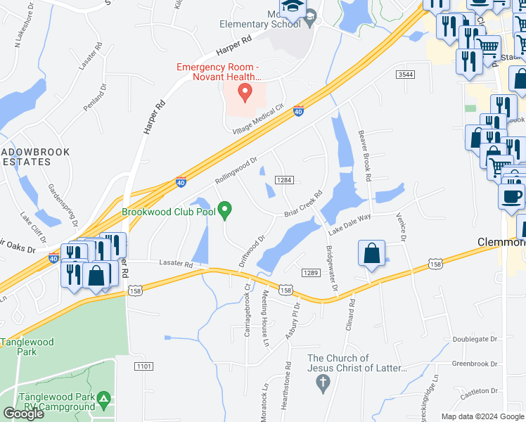map of restaurants, bars, coffee shops, grocery stores, and more near 4245 Briar Creek Road in Clemmons