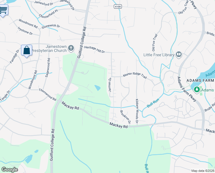map of restaurants, bars, coffee shops, grocery stores, and more near 3014 Renaissance Parkway in Jamestown
