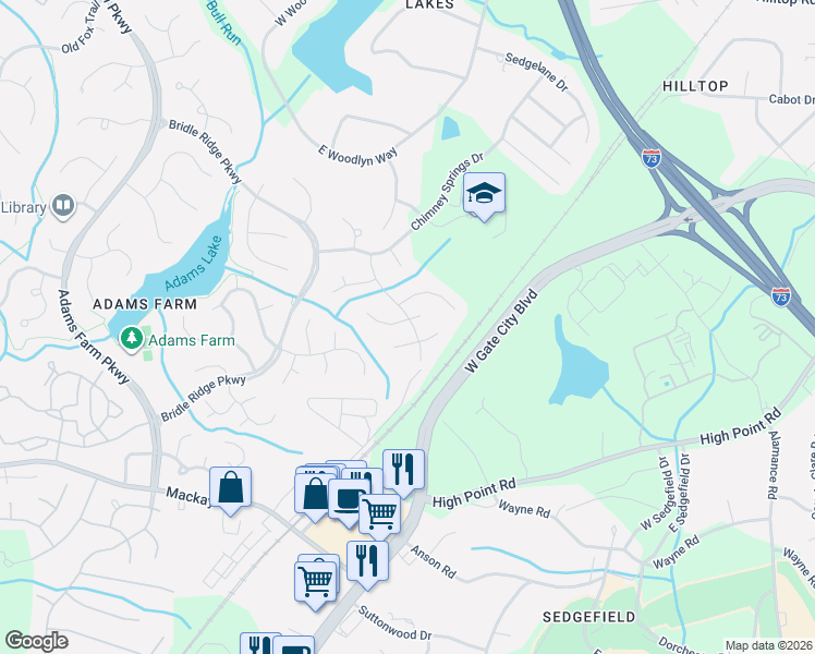 map of restaurants, bars, coffee shops, grocery stores, and more near 4901 Heritage Woods Court in Greensboro