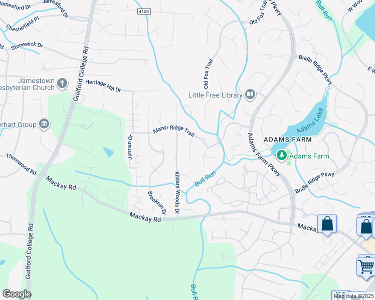 map of restaurants, bars, coffee shops, grocery stores, and more near 16 Manor Ridge Court in Greensboro