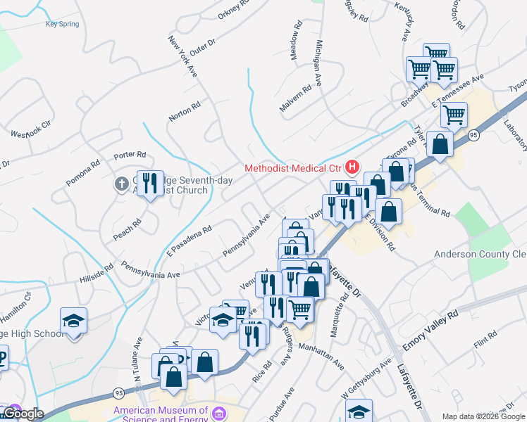 map of restaurants, bars, coffee shops, grocery stores, and more near 101 Pacific Road in Oak Ridge