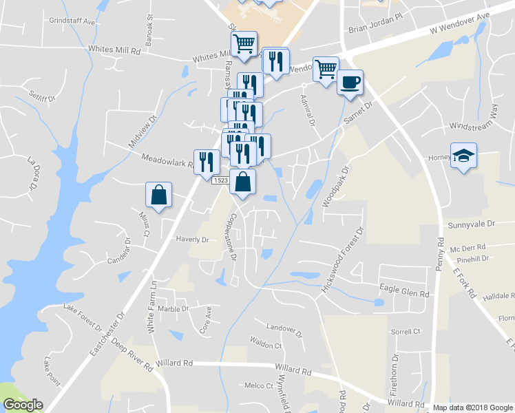 map of restaurants, bars, coffee shops, grocery stores, and more near 3841 Hickswood Creek Drive in High Point