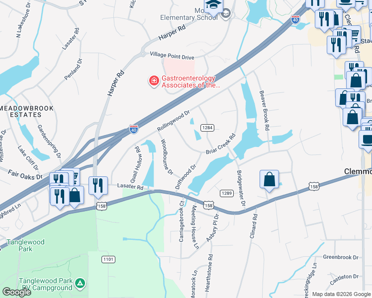 map of restaurants, bars, coffee shops, grocery stores, and more near 4245 Briar Creek Road in Clemmons