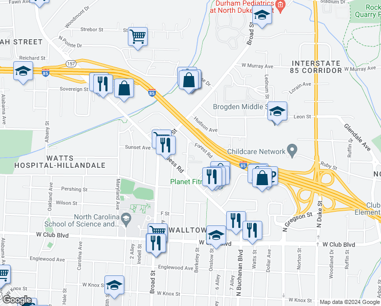 map of restaurants, bars, coffee shops, grocery stores, and more near 1612 Sedgefield Street in Durham