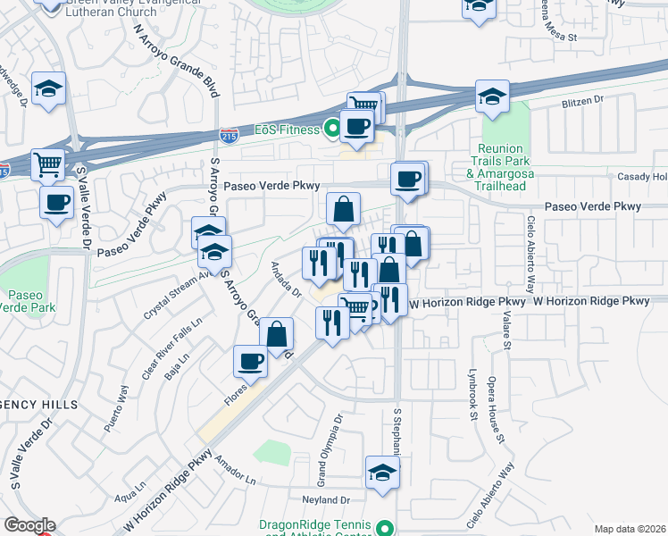 map of restaurants, bars, coffee shops, grocery stores, and more near 1450 West Horizon Ridge Parkway in Henderson