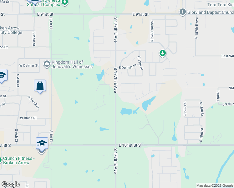 map of restaurants, bars, coffee shops, grocery stores, and more near 9741 South 177th East Avenue in Broken Arrow