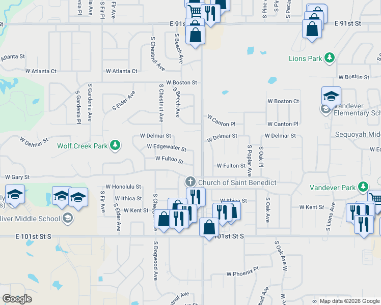 map of restaurants, bars, coffee shops, grocery stores, and more near 2208 West Fulton Street in Broken Arrow