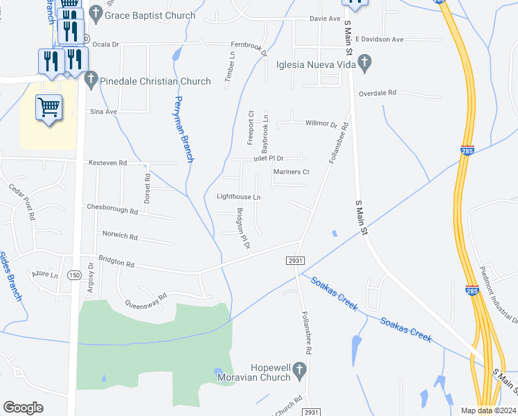 map of restaurants, bars, coffee shops, grocery stores, and more near 4913 Lighthouse Court in Winston-Salem
