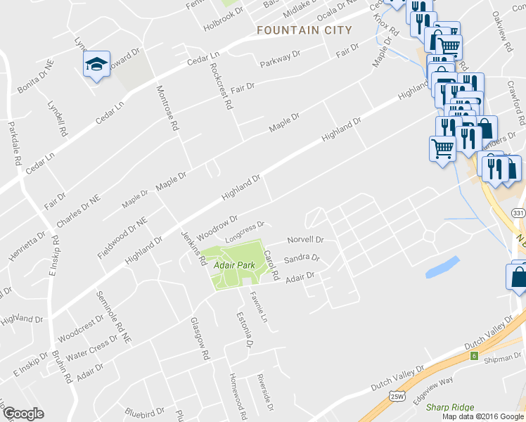 map of restaurants, bars, coffee shops, grocery stores, and more near 4806 Pam Court in Knoxville
