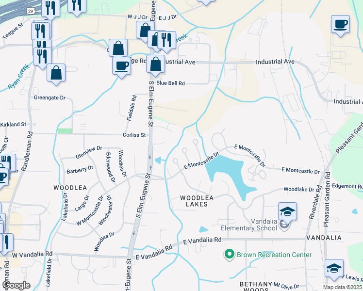 map of restaurants, bars, coffee shops, grocery stores, and more near 315 East Montcastle Drive in Greensboro