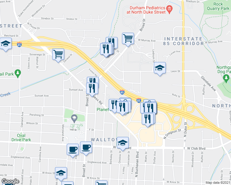 map of restaurants, bars, coffee shops, grocery stores, and more near 1615 Forest Road in Durham