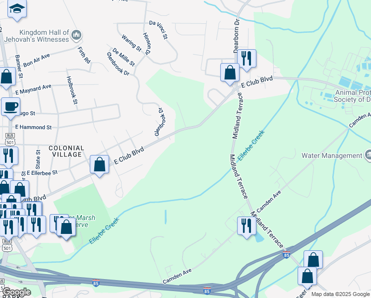 map of restaurants, bars, coffee shops, grocery stores, and more near 1200 East Club Boulevard in Durham