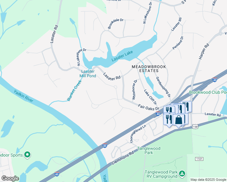 map of restaurants, bars, coffee shops, grocery stores, and more near 3676 Forsythia Trail in Clemmons