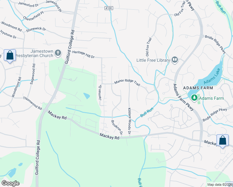 map of restaurants, bars, coffee shops, grocery stores, and more near 5909 Tall Pine Court in Jamestown