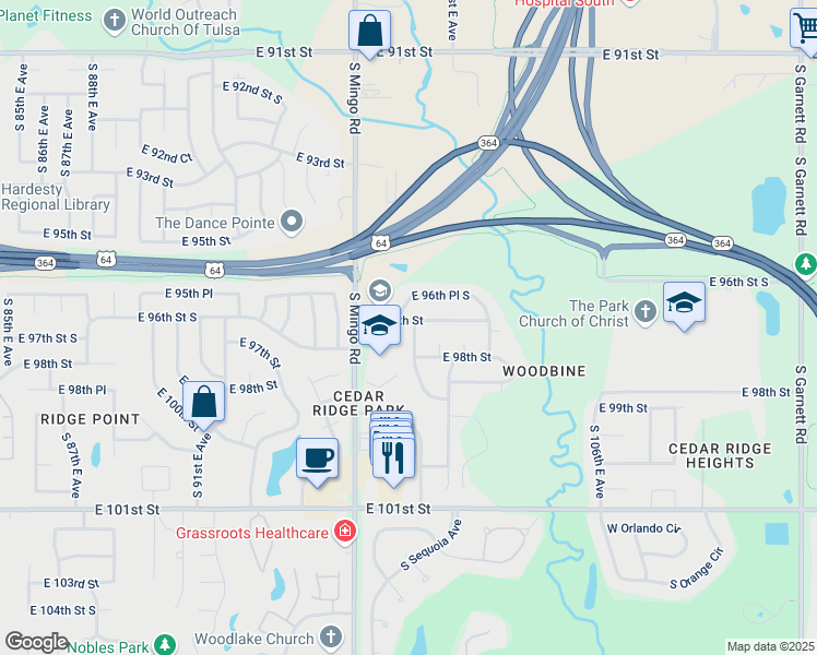 map of restaurants, bars, coffee shops, grocery stores, and more near 9724 South 99th East Avenue in Tulsa