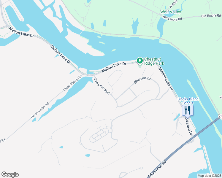 map of restaurants, bars, coffee shops, grocery stores, and more near 50 Rivers Run Way in Oak Ridge