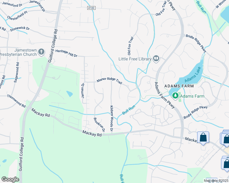 map of restaurants, bars, coffee shops, grocery stores, and more near 8 Manor Ridge Court in Greensboro