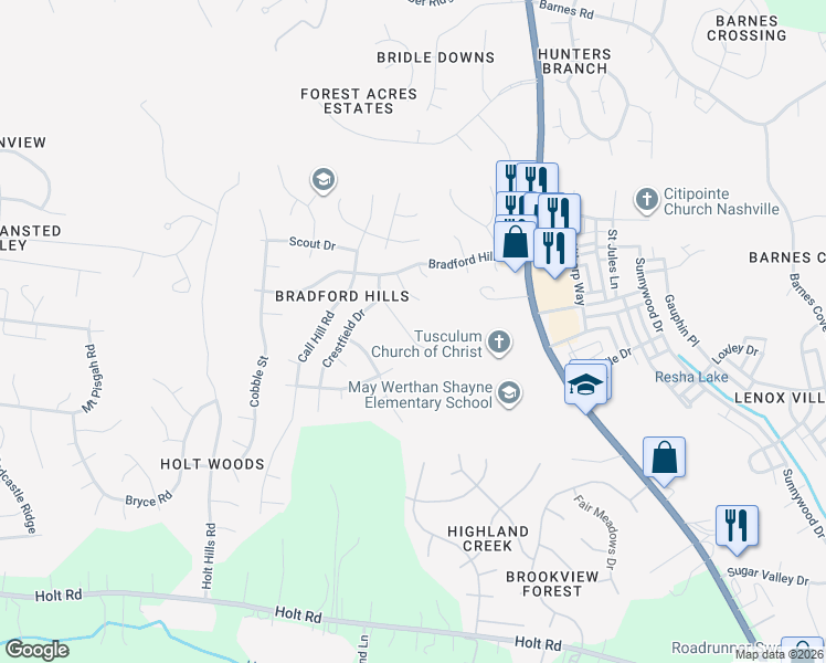 map of restaurants, bars, coffee shops, grocery stores, and more near 941 Fallview Trail in Nashville