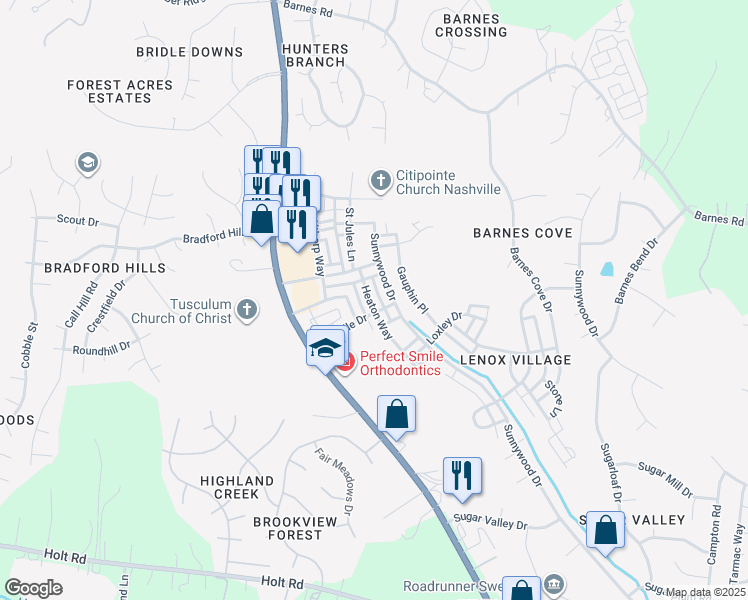 map of restaurants, bars, coffee shops, grocery stores, and more near 7831 Heaton Way in Nashville
