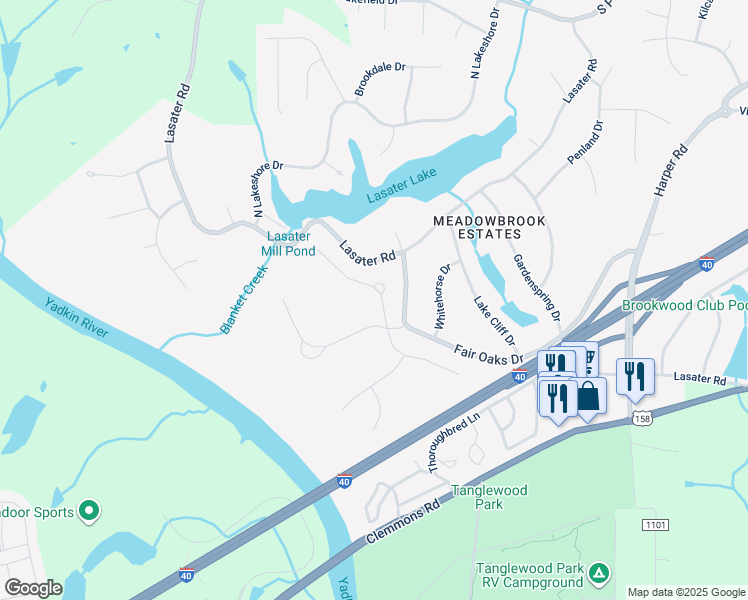 map of restaurants, bars, coffee shops, grocery stores, and more near 3676 Forsythia Trail in Clemmons