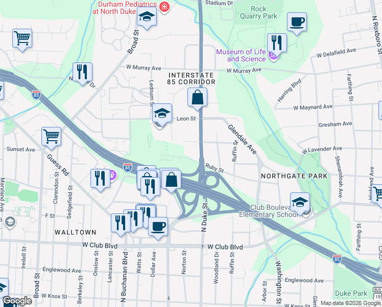 map of restaurants, bars, coffee shops, grocery stores, and more near 901 Ruby Street in Durham