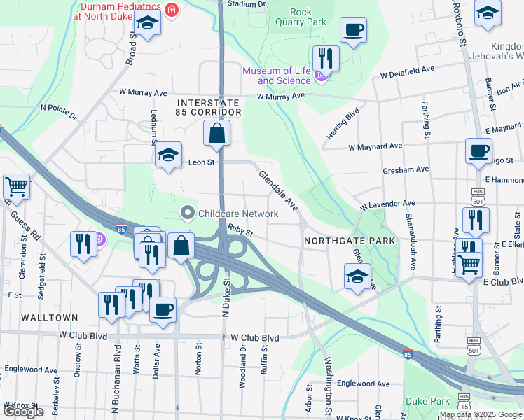 map of restaurants, bars, coffee shops, grocery stores, and more near in Durham County